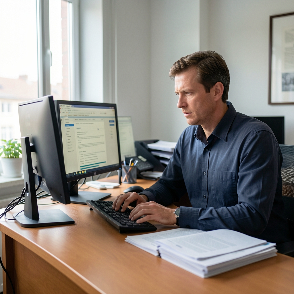 Новинар за радним столом пажљuво провjерава чињенице уз два монитора и штампане документе, уредна и тиха редакцуjа с природном свjетлошhу