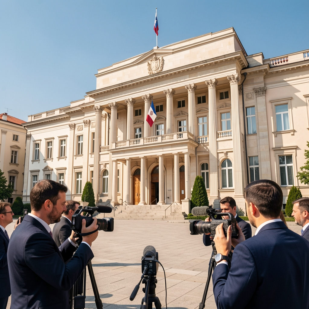 Новинари испред зграде Врховног суда Черногорије у Подгорици са нотесима и диктафонима, сунчан дан, зграда са државним грбом