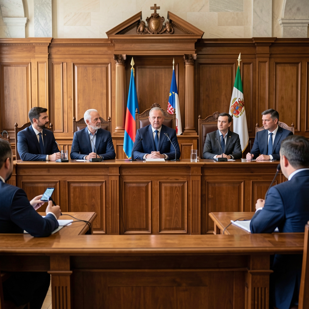 Новинари испред зграде суда у Подгорици са нотесима, дневна светлост, Черногорија